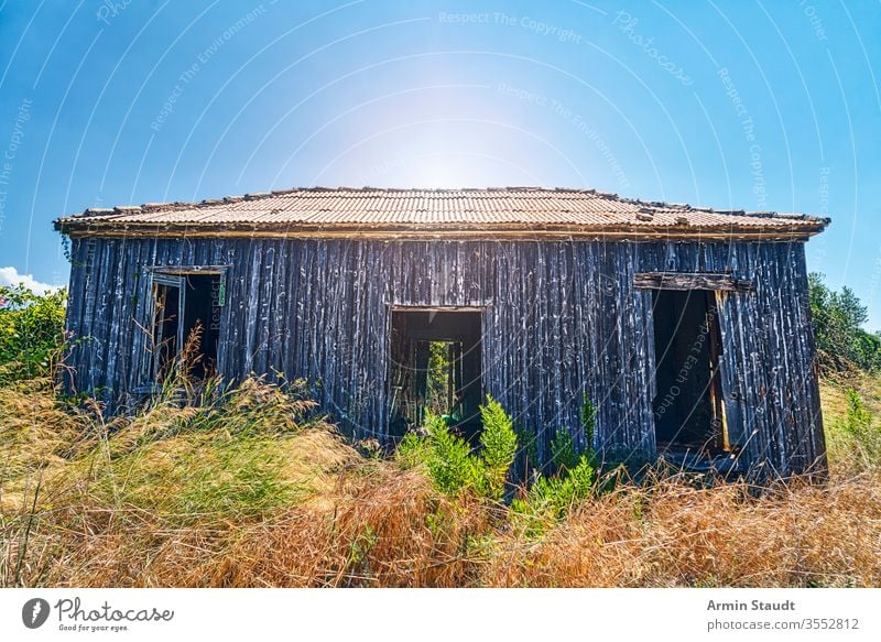 altes verlassenes Holzhäuschen mit der Sonne im Rücken Cottage Beschädigte leer Verlassen idyllisch Griechenland Natur Landschaft Architektur Scheune blau