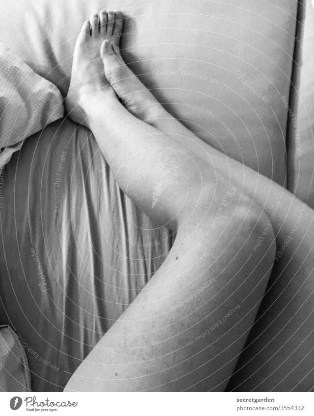 Den längsten Tag im Jahr kann man auch im Bett verbringen. Beine nackt Nackte Haut Füße Bettlaken Bettwäsche Frau Schwarzweißfoto Faltenwurf Scham