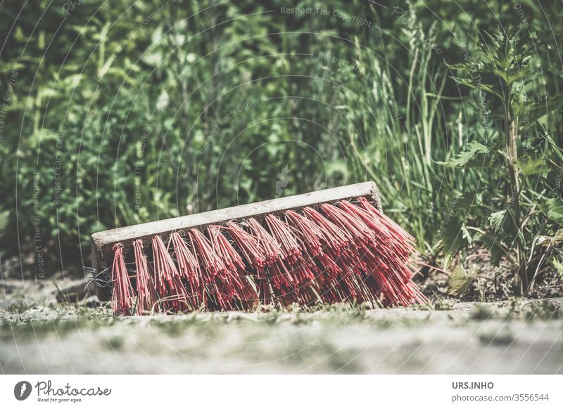 ein alter Besen liegt im Garten auf der Erde kehren hinlegen liegen reinigen dreckig Farbfoto menschenleer Gartenarbeit Borsten Außenaufnahme Tag