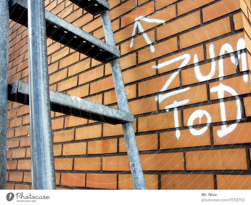Suizidgefahr Leiter Treppe Tod fallen Wand aufsteigen Absturz Leitersprosse Sturz Höhenangst abwärts Gebäude Fall Mauer Graffiti Pfeil Richtung richtungweisend