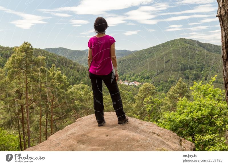 Rückansicht einer Frau die auf einem Felsen steht und die schöne Aussicht auf den Pfälzer Wald bewundert Pfälzerwald Sommer Urlaub Ausflug Wandern Wanderung