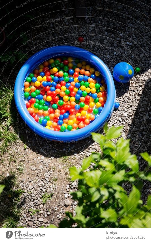 Bällchenbad. Viele bunte Bälle in einem Planschbecken für Kinder Kindheit Spielen viele Schwimmbad Sommer vielfarbig Bällebad trocken rund Spielzeug Ball Garten