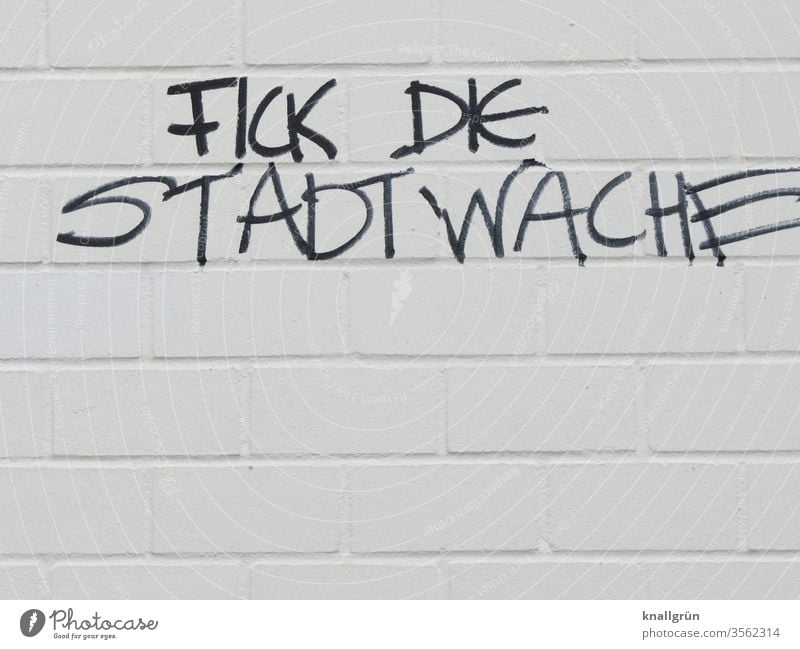 Schwarzes Graffiti „FICK DIE STADTWACHE“ auf weisser Hauswand Polizei Aggression Frustration Ärger Wut Wand Hass Feindseligkeit Buchstaben Wort Satz