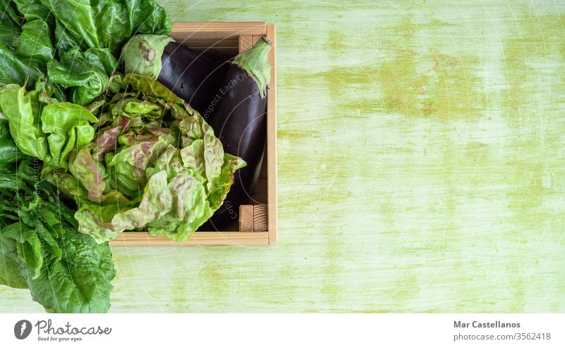 Holzkiste mit Gemüse auf grünem Holzsockel. Platz zum Kopieren. Konzept Gemüse. Veganer Holzschachtel grüner Hintergrund Gemüsekiste Kasten Aubergine Salat