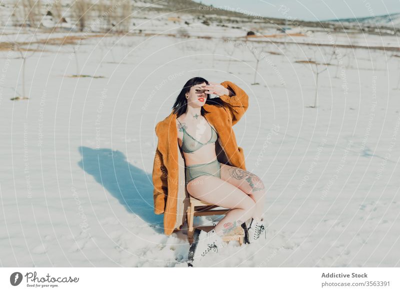 Junge Frau in Pelzmantel und Dessous sitzt im verschneiten Feld sinnlich Schnee Natur Winter Mantel brünett selbstbewusst trendy jung schlank Stil Mode Dame