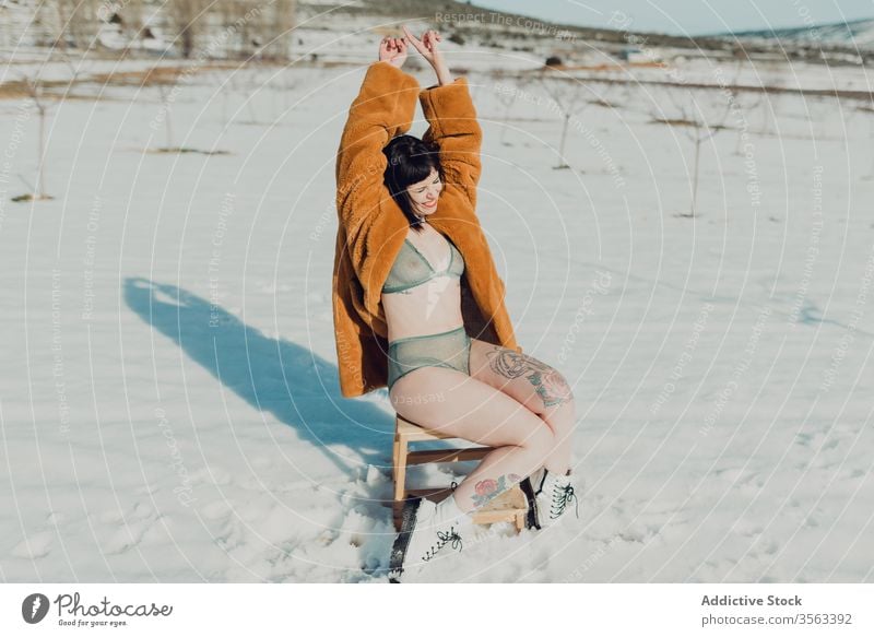 Junge Frau in Pelzmantel und Dessous sitzt im verschneiten Feld sinnlich Schnee Natur Winter Mantel brünett selbstbewusst trendy jung schlank Stil Mode Dame