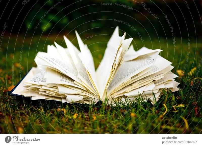 Buch auf der Wiese im Garten belletristik bibliothek buch eselsohr lesen lesestoff lesezeichen literatur roman schmökern studium garten wiese gras liegen