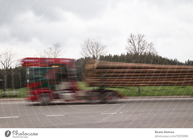Rasant: Holztransporter fährt mit hoher Geschwindigkeit seine Ladung zum Zielort Transporter Außenaufnahme Straße schnell rasant Unschärfe Bewegung LKW-Anhänger