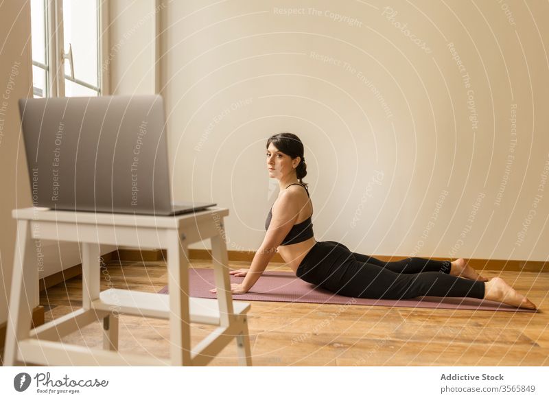 Konzentrierte Frau macht zu Hause Yoga auf dem Boden Kobra-Pose beweglich Konzentration heimwärts bhujangasana Übung Laptop benutzend Unterlage Fokus