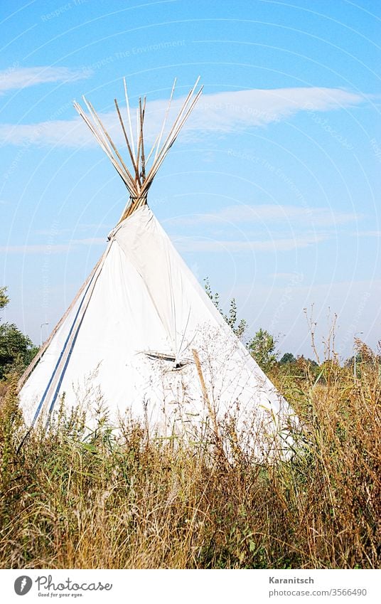 Ein Tipi im hohen Gras vor blauem Himmel. Zelt Indianerzelt Zeltstangen Zeltplane weiß aufgebaut Wiese Sommer trocken braun Wolken romantisch abenteuerlich
