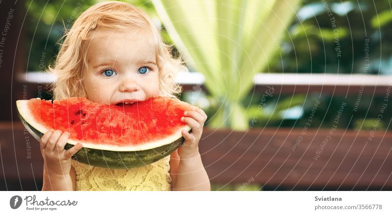 Kleines blondes Mädchen isst im Garten eine saftige Wassermelone. Kinder essen Obst auf der Straße. Gesundes Essen für Kinder. Kleinkind beim Gärtnern. Frucht