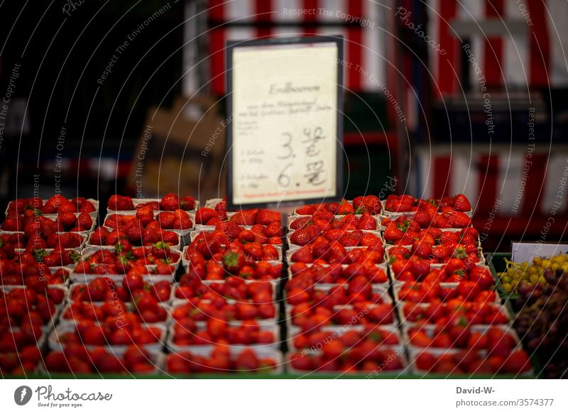 Wochenmarkt - frische saftige Erdbeeren mit Preisschild Marktplatz Gemüse Obst Marktstand nachhaltig gesund Bioprodukte Händler verbraucher Käufer Verkäufer