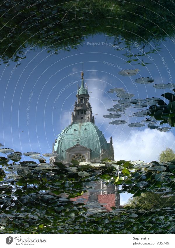 Hannovers Rathaus im Wasser Teich Reflexion & Spiegelung Seerosen blau Himmel