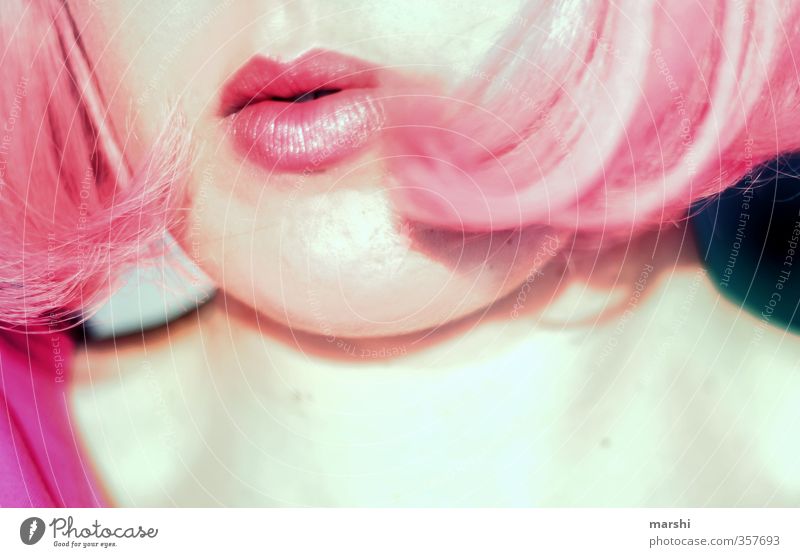 think pink Lifestyle Stil Freizeit & Hobby Mensch feminin Junge Frau Jugendliche Erwachsene Gesicht Mund 1 30-45 Jahre rosa Perücke Lippenstift Schminke