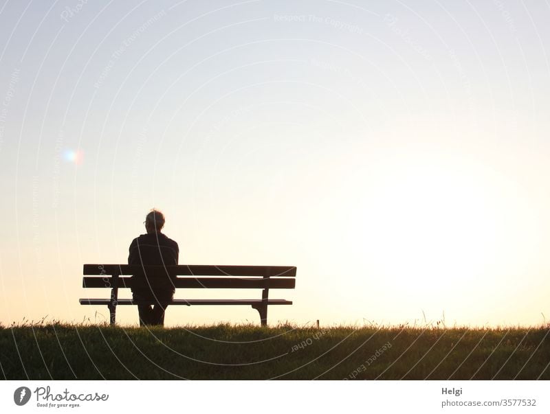 Silhouette eines Seniors, der in der Abendsonne auf einer Bank sitzt und in die Ferne schaut Mann sitzen Sonnenlicht Gegenlicht Gras männlich Licht Schatten
