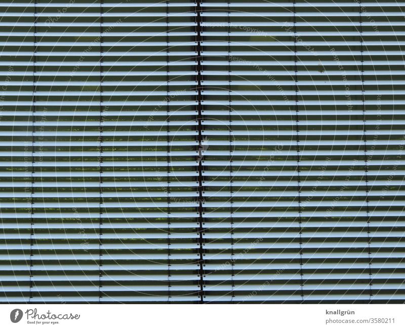 Zwei geschlossene silberfarbene  Jalousien nebeneinander Sichtschutz Linie Strukturen & Formen zu verbergen waagerecht Streifen Muster Schutz Schatten abstrakt