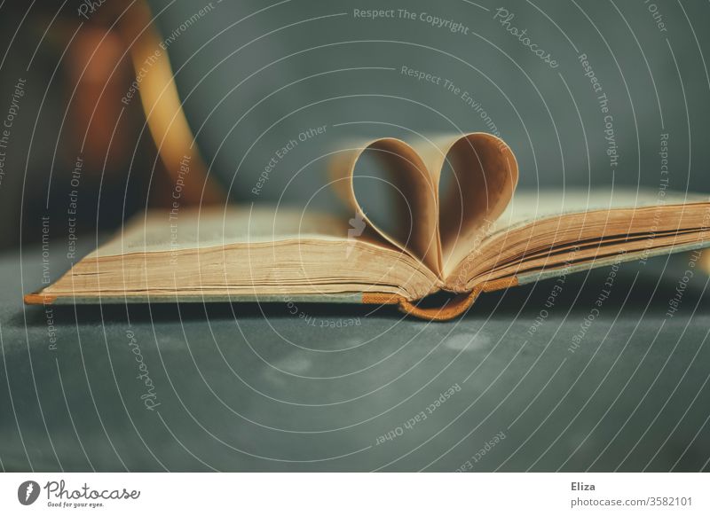 Ein aufgeschlagenes altes Buch dessen Seiten ein Herz bilden. Konzept Liebe zur Literatur und zum Lesen. Leidenschaft romantisch Roman Liebesromane