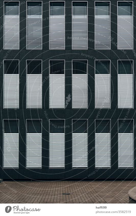 Trist und Monoton - geschlossene Jalousien einer Bürofassade Fenster dunkel trist grau hässlich Rollo trostlos dreckig jalousinen Tristesse Einsam Frustration