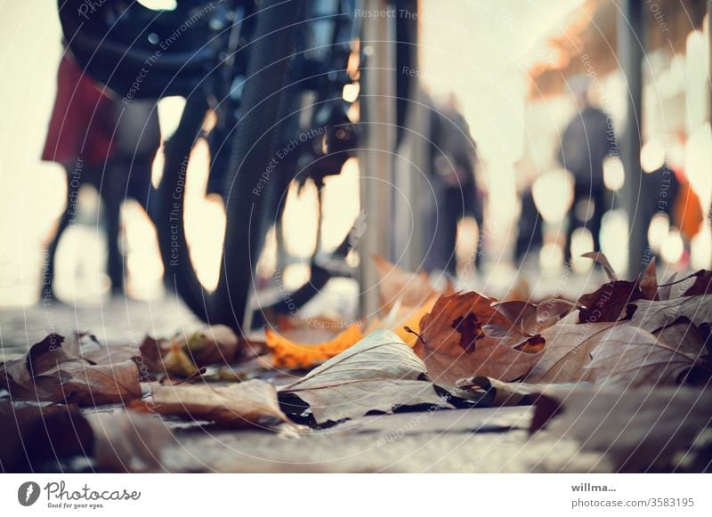 Vom Kommen und Gehen. Herbst in der Stadt mit verschwommen Personen im Hintergrund Fußgängerzone Passanten Menschen unscharf Straßenszene Alltag welkes Laub