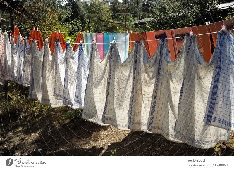 Waschtag ist vor dem nächsten Waschtag Ordnungsliebe Design viele Sonnenlicht Schatten Muster nebeneinander trocknen Reinigen Symmetrie Tatkraft Wäscheleine