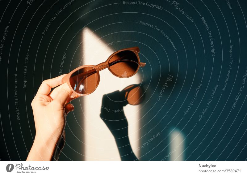 Frauenhand hält modische Sonnenbrille mit Sonnenlichtschatten mit Schatten an der Wand, Trend- und Sommerkonzept Brille stylisch Schutz Linse optisch Feiertag
