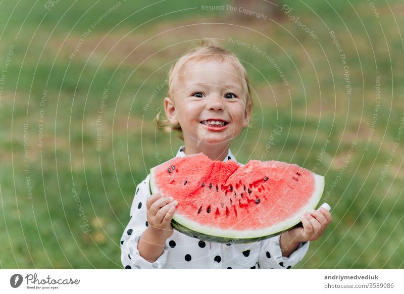 Ein süßes kleines Mädchen, das im Sommer ein großes Stück Wassermelone auf dem Rasen isst. Bezauberndes kleines Mädchen, das im Garten spielt und in ein Stück Wassermelone beißt. selektive Konzentration.