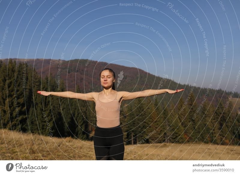 Junge Frau macht Dehnungsübungen in der Natur in den Bergen. Sportlerin beim Üben von Yoga-Pose in Leggins. schöne Waldlandschaft jung Lifestyle Fitness Übung