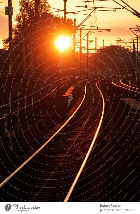 Sonnenuntergang verwandelt Schienenstrang in goldenen Pfad Abenddämmerung Licht Linie Melancholie Eisenbahnschiene Straße Geschwindigkeit Stahl Bahn Verkehr Zug