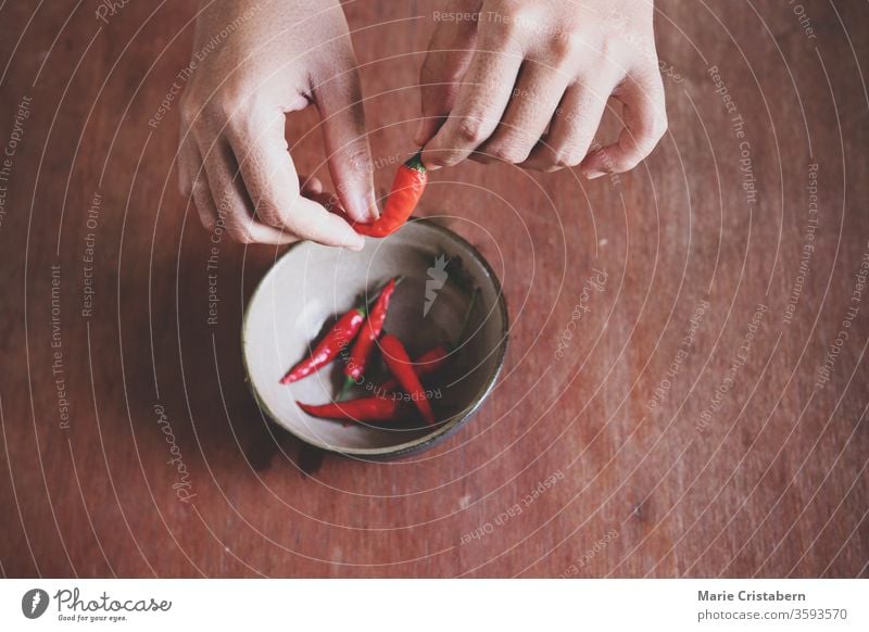 Nahaufnahme von Händen, die rote Chilis zum Kochen vorbereiten, um das Konzept der Gastronomie, der Küche, der sauberen und gesunden Ernährung und der ayurvedischen Küche zu zeigen