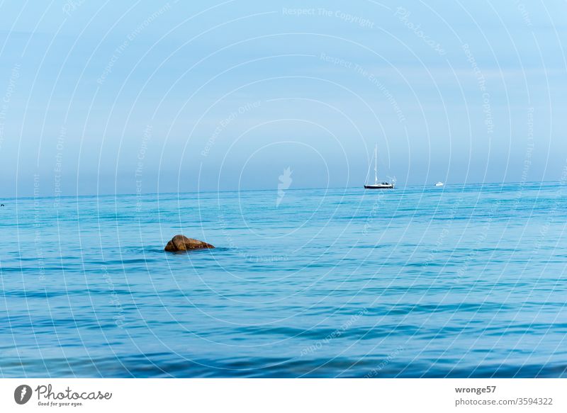 Kleines Segelboot fährt mit Motorkraft über die Ostsee Segelschiff Meer Ferne Horizont Sonnenschein Blaues Wasser Blaues Meer Blauer Himmel Tag Farbfoto