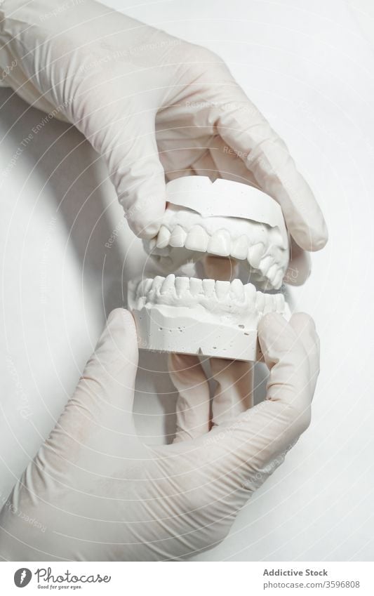 Zahnarzt mit Zahnersatz im modernen Labor Prothesen dental Zähne Hand Halt medizinisch Gesundheitswesen Stomatologie Zahnmedizin Gerät Medizin
