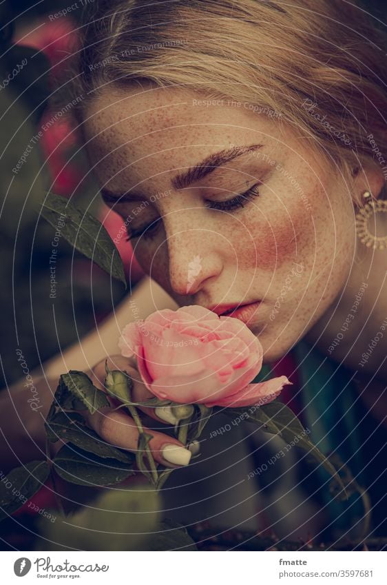 Junge Frau riecht an einer Rose Blume Sommer Blüte Freude Duft Schönheit Schönheit in der Natur Sommersprossen Pflanze schön natürlich Blütenblatt geblümt rosa