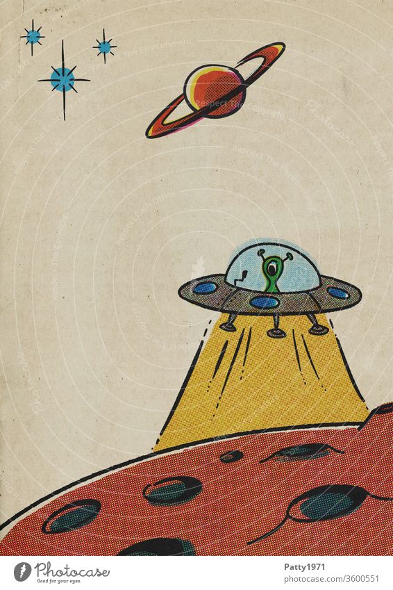 Retro Cartoon UFO über Mondoberfläche im Rasterdruck/Halbton Effekt retro cartoon Comic Planet Weltall außerirdisch Illustration vintage Papier alt Alien grün