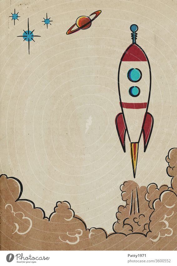 Startende Retro cartoon Rakete im Rasterdruck/Halbton Effekt Papier Cartoon Comic Illustration alt vintage retro Copyspace Grafik u. Illustration mehrfarbig