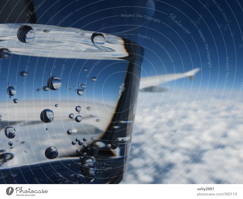 Erfrischendes über den Wolken... Getränk Erfrischungsgetränk Trinkwasser Becher Himmel Luftverkehr Flugzeug im Flugzeug Flugzeugausblick fliegen träumen trinken