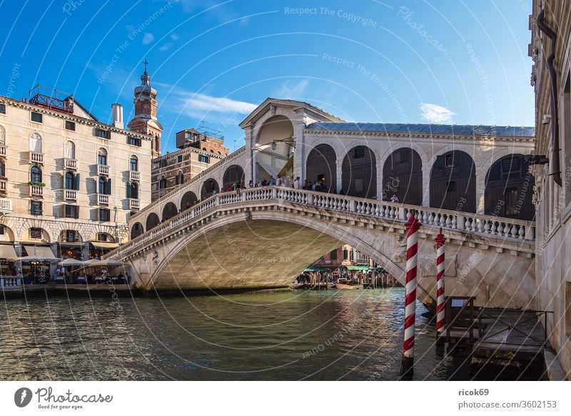 Blick auf die Rialto Brücke in Venedig, Italien Urlaub Reise Ponte di Rialto Stadt Architektur Haus Gebäude historisch Bauwerk Canal Grande Kanal Wasser Boot