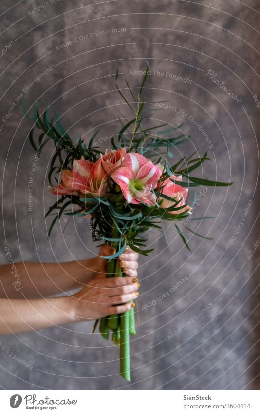 Frauenhände halten einen Blumenstrauß mit Blumen. schön weiches Licht Mädchen weiß Hochzeit Kleid altehrwürdig jung niedlich rosa Glück Beteiligung modern