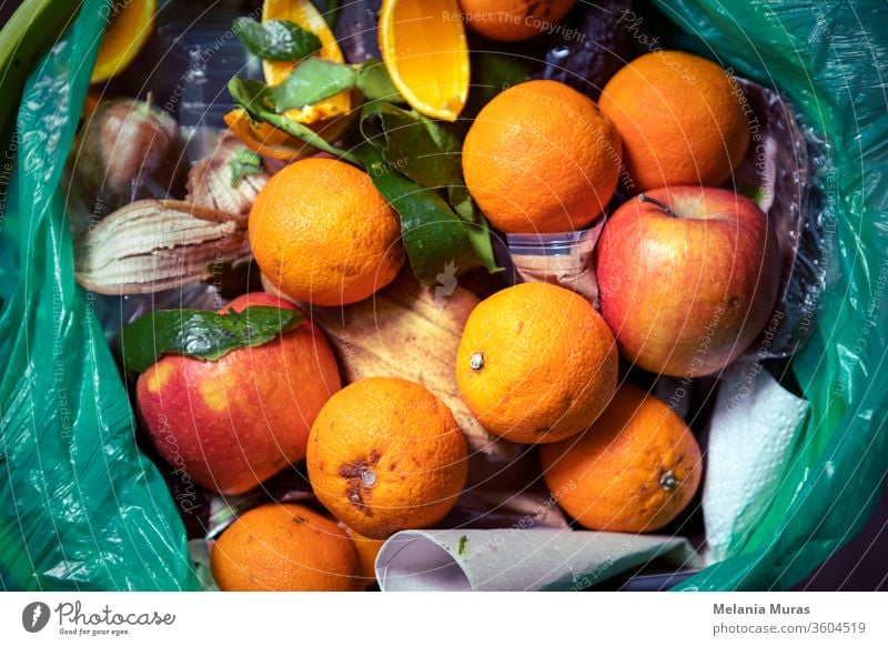 Lebensmittelabfallproblem, Reste, die in den Mülleimer geworfen werden. Verdorbenes Essen in den Mülleimer geworfen. Verdorbene Orangen und Äpfel in der Nähe. Ökologische Probleme. Müll. Konzept zur Reduzierung von Speiseresten. Von oben.