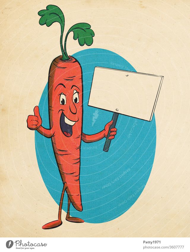Lustige Cartoon Karotte im retro Rasterdruck/Halbtoneffekt hält Schild mit Textfreiraum und zeigt Daumen hoch Comic Effekt positiv vintage Papier Gemüse essen