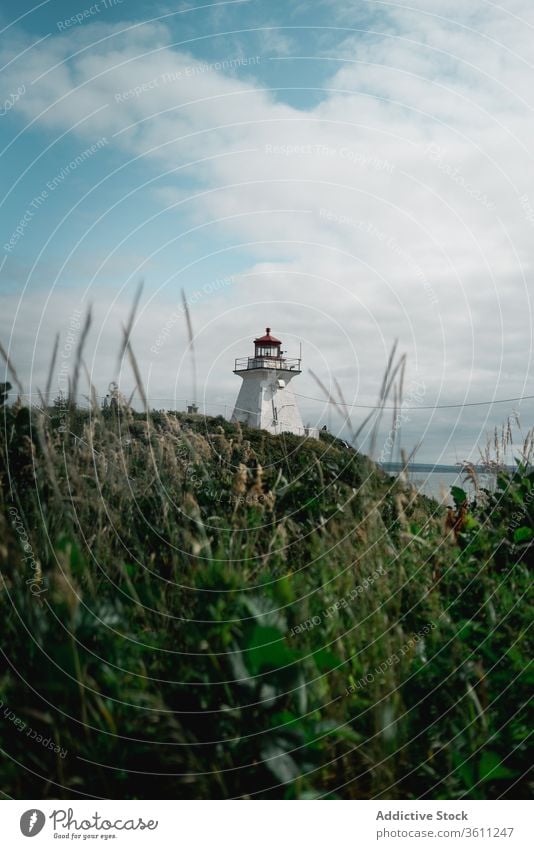 Leuchtturm auf grüner Klippe in Meeresnähe MEER Ufer Himmel wolkig reisen Landschaft Peggys-Bucht Kanada berühmt Natur malerisch Ausflugsziel Gebäude Wetter