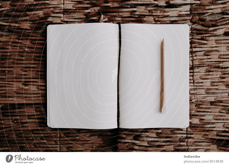 Ein offenes Buch mit einem Stift auf einem Hintergrund aus recycelter Pappe blanko Kasten hell Business Karton Konzept dunkel abnehmen Tagebuch Punkt verdoppeln