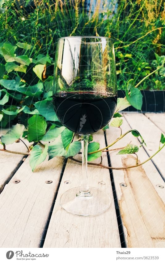 Glas Rotwein auf hölzernem Hintergrund Garten im Freien Alkohol alkoholisch Bar Lauf Getränk Flasche Feier Nahaufnahme Kultur trinken Lebensmittel Traube