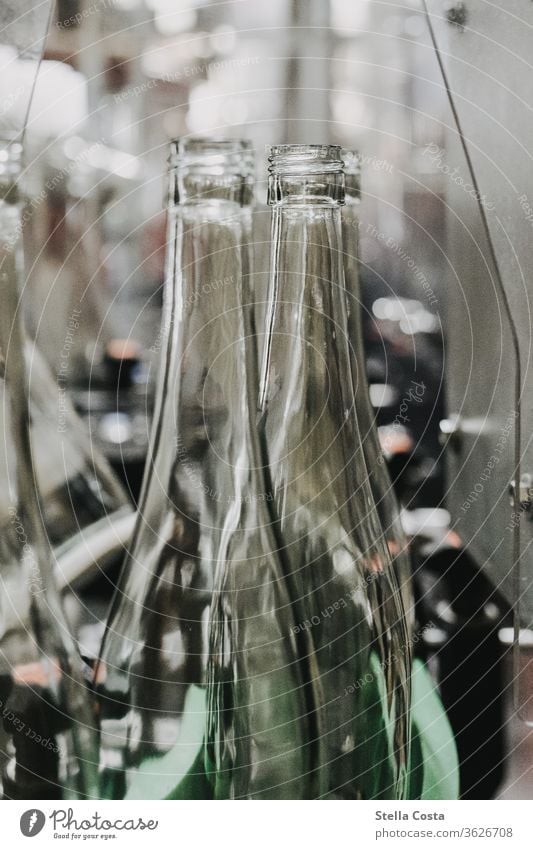 Leere Weinflaschen laufen in die Weinabfüllung Maschine Innenaufnahme Winzer Menschenleer Alkohol Farbfoto Schwache Tiefenschärfe Detailaufnahme Nahaufnahme