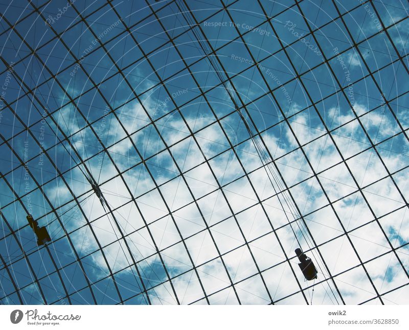 Über uns Gitter Glasdach Himmel Wolken oben Innenaufnahme Architektur Dach Tag blau weiß Metall Knstruktion Schutz abstrakt Detailaufnahme Blick nach oben