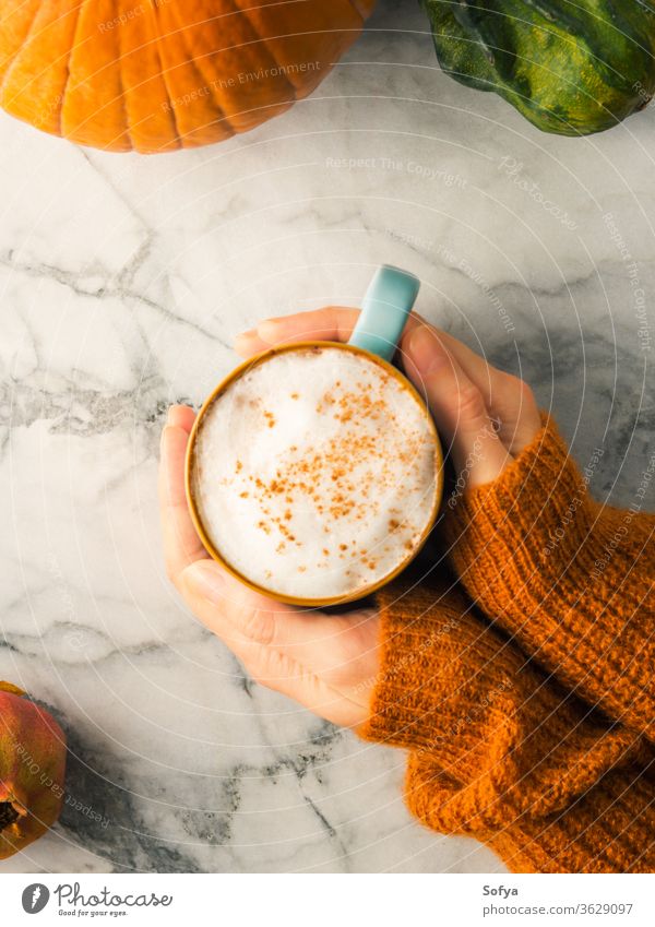 Herbstliches Flachlegen mit Becher Latte-Kaffee Hände Pullover orange Weihnachten Frau Lebensmittel Winter Murmel oben Licht melken Stimmung Morgen Oktober