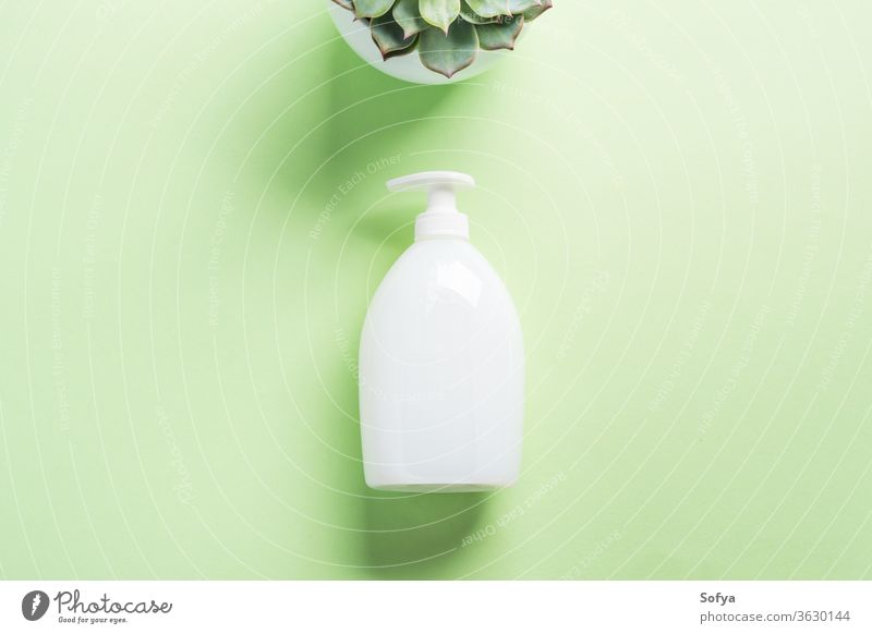 Weiße Naturseifenflasche auf Pastellgrün Seife Flasche Spender generisch natürlich Sahne flache Verlegung Hand Hygiene Attrappe Design Schönheit Körper Flaschen