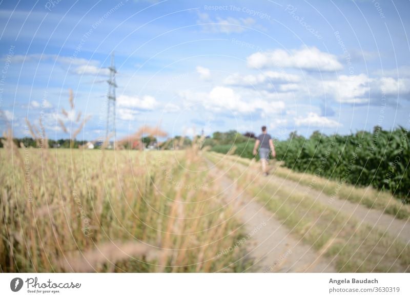 Mann geht auf Feldweg spazieren feldweg Spaziergang Spaziergänger Spazierweg Spaziergang in der Natur Blauer Himmel Wolken Strommast elektrisierend Ruhe