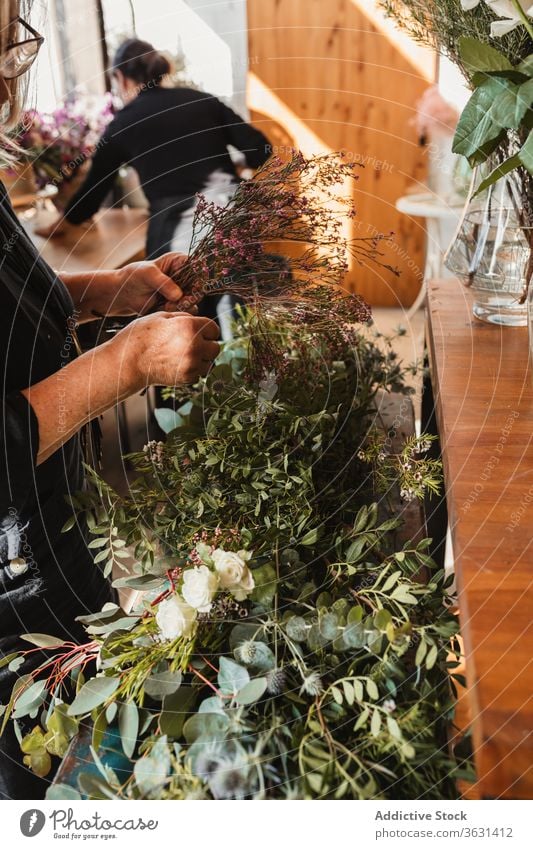 Reife Frau arrangiert Blumen im Geschäft Floristik Blumenstrauß grün Pflanze kreieren wählen komponieren einrichten Designer dekorativ kreativ Arbeit Beruf