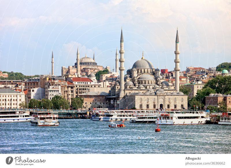 Stadtsilhouette von Istanbul in der Türkei Truthahn Großstadt Skyline Stadtbild Moschee Gebäude Wasser urban Goldenes Horn Boote reisen