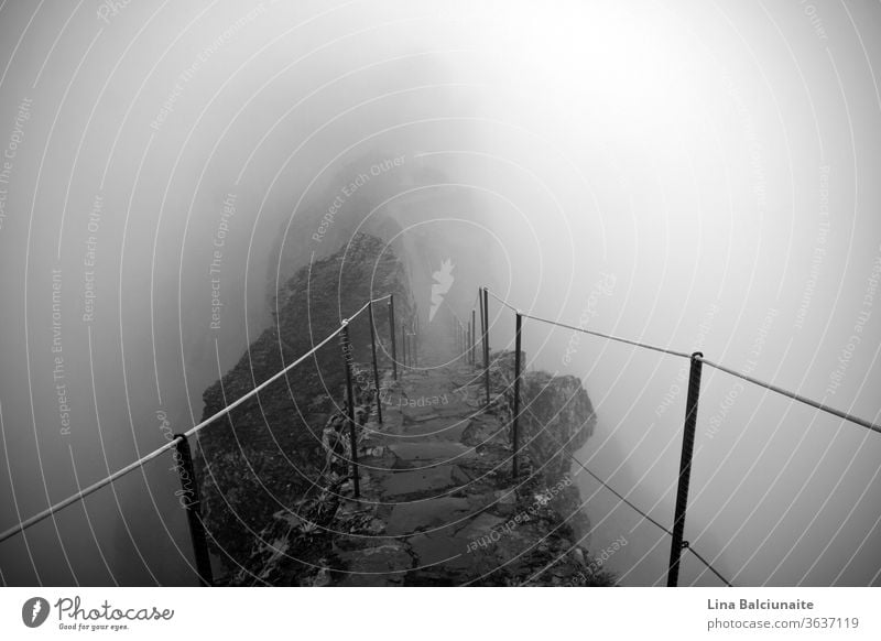 Schwarzweißfoto des Weges zu den Berggipfeln Pico Ruivo und Pico do Areeiro im Nebel auf Madeira, Portugal. Ein mystischer Pfad, Weg ins Nirgendwo oben